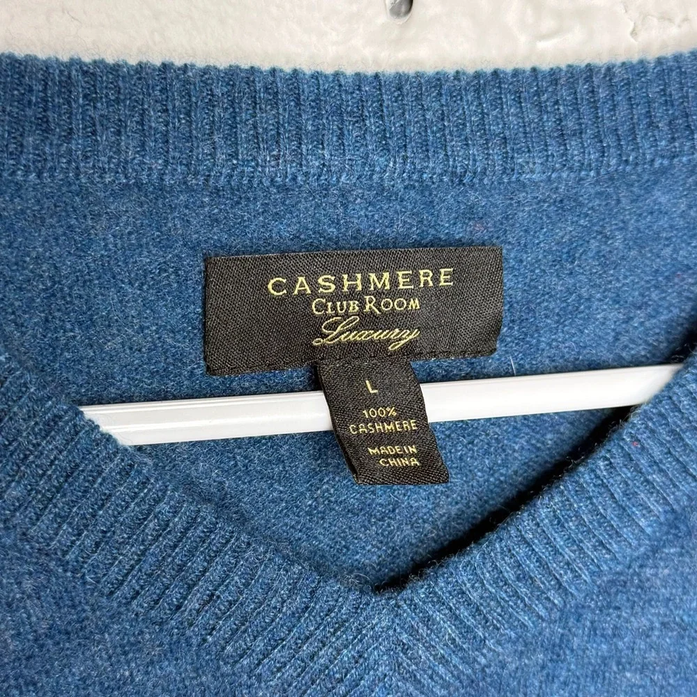 Club‎ Room Luxury Men's LARGE Pure Cashmere V Neck Blue Sweater